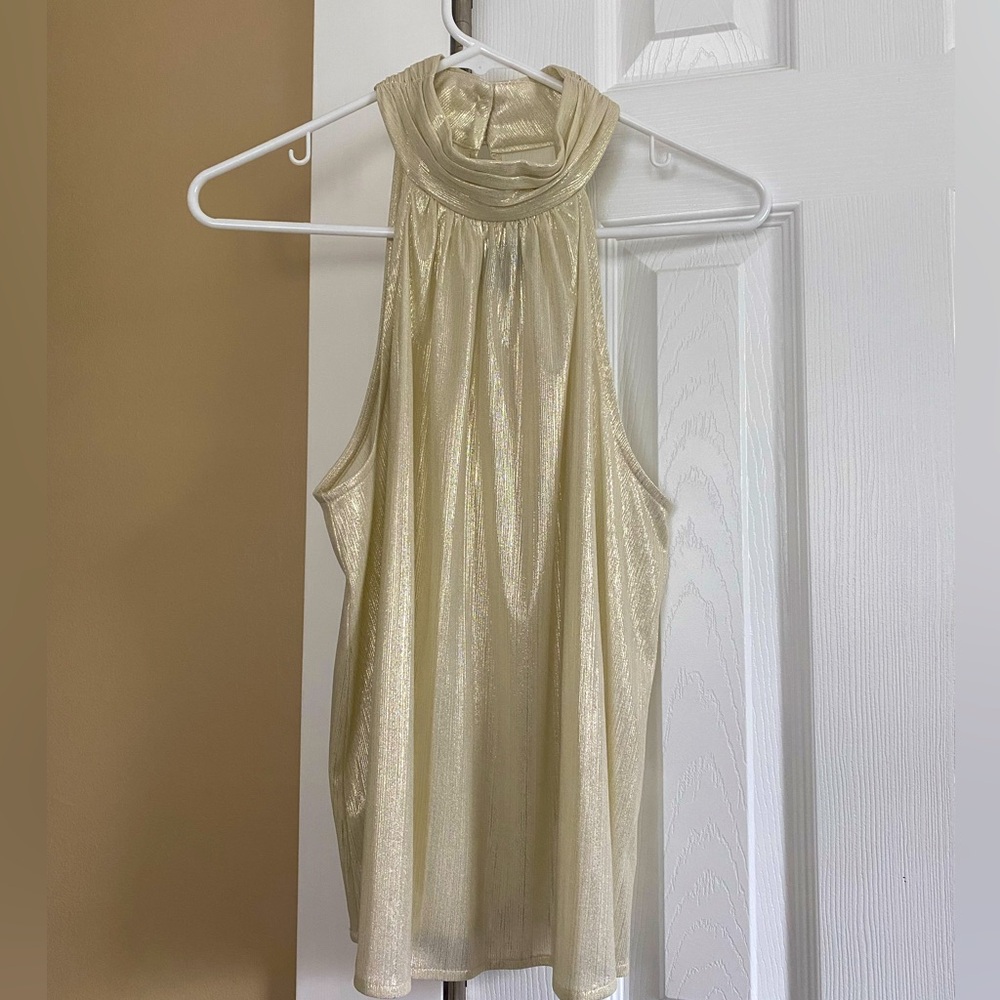 Sheer gold halter top with three button closure